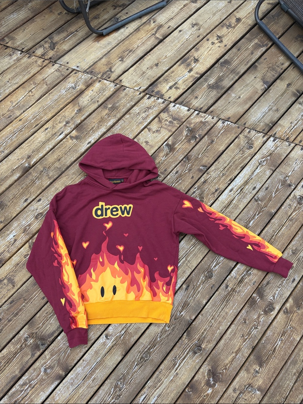 drew house Burgundy Hoodie with Yellow-Orange Flame Graphics